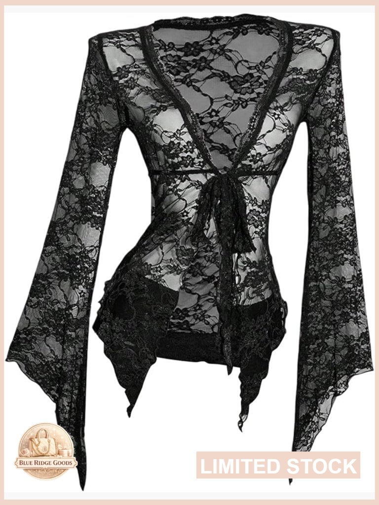 Women's Lace Bell Long Sleeve Tie Front Cardigan Sheer Mesh Y2k Rave Tops